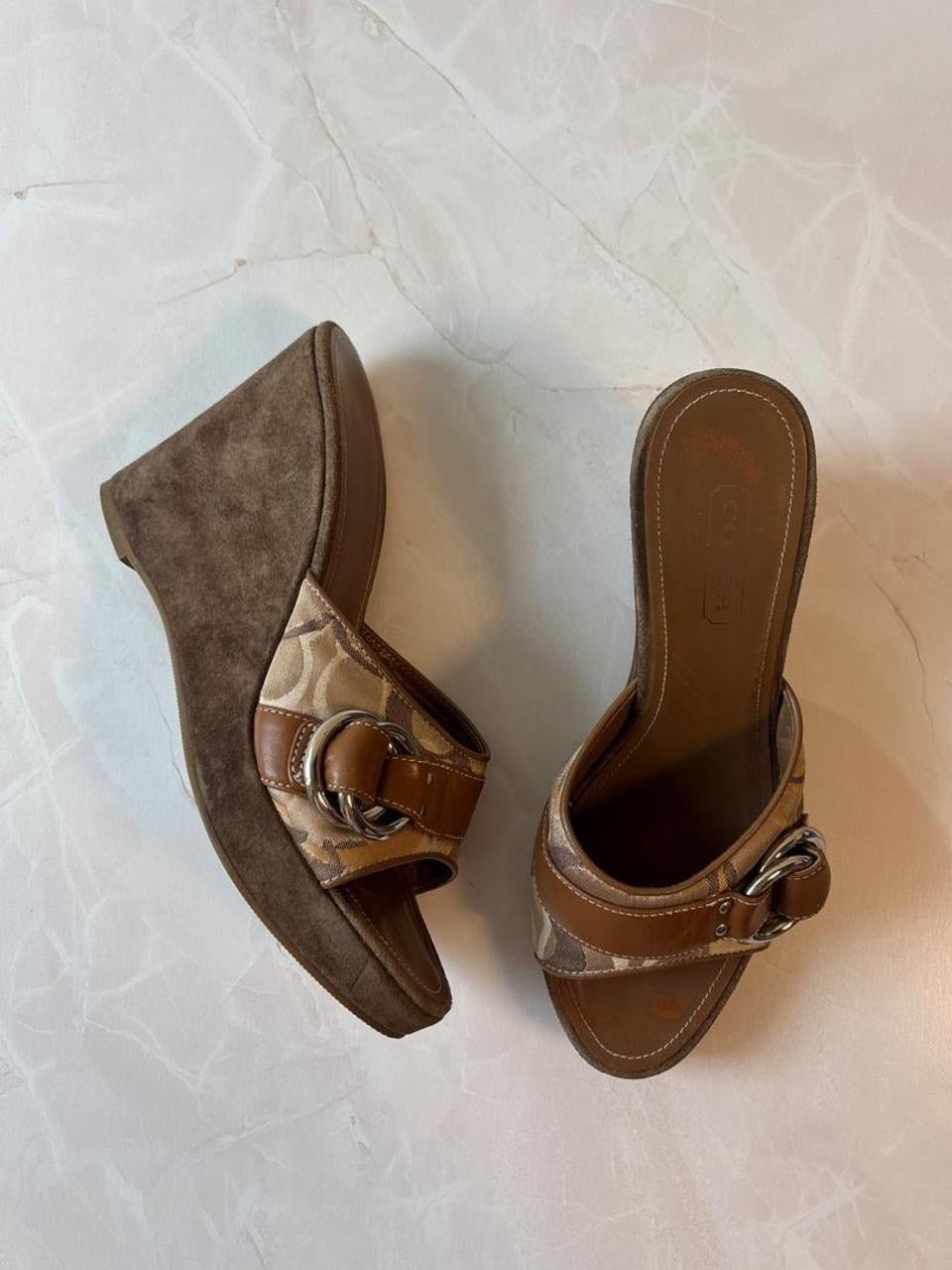 Coach US 7 Tan Monogram Canvas Wedge Mule