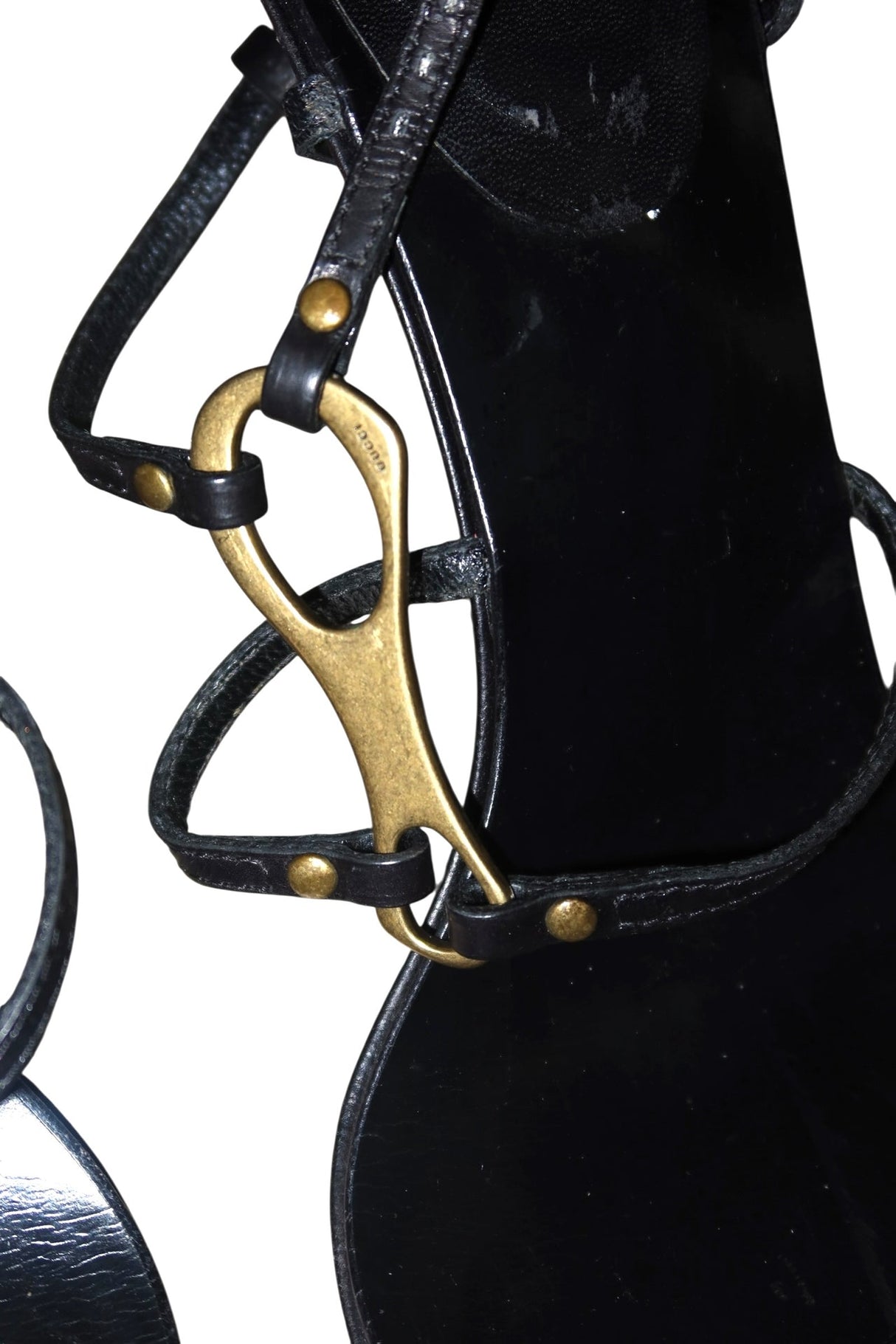 Gucci by Tom Ford black leather strappy heels with gold horsebit (9.5)