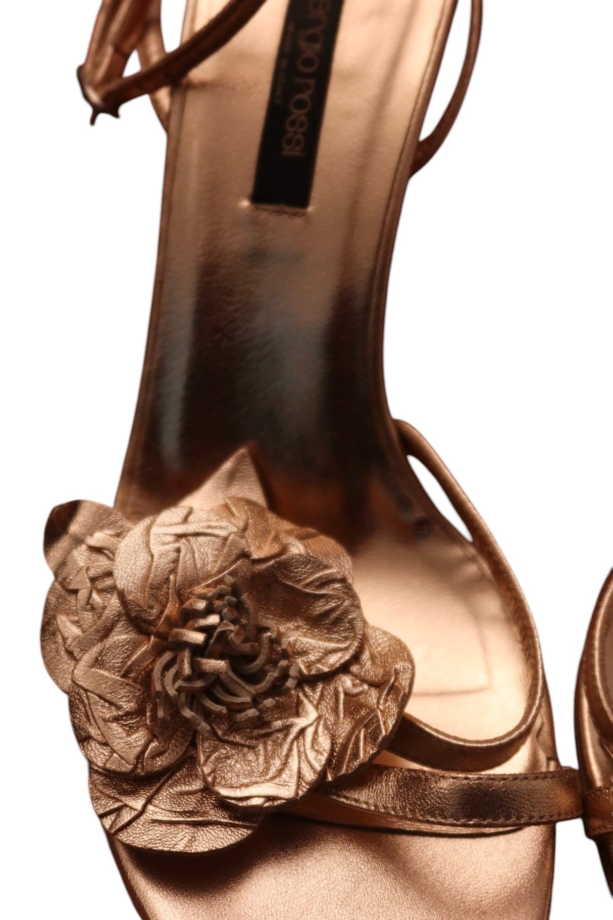 Sergio Rossi rose gold strappy heels with flower embellishment (38)
