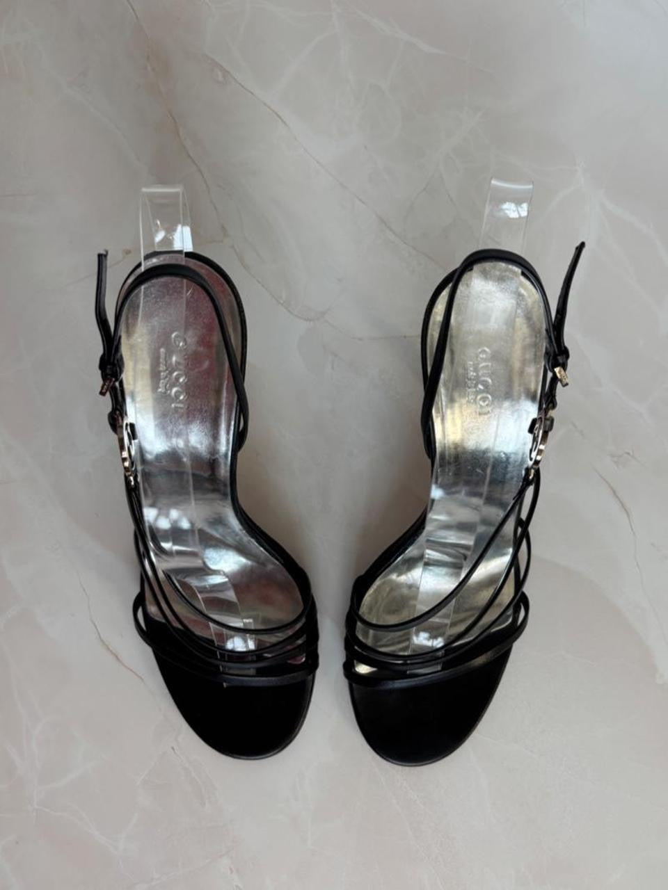 Gucci EU 38.5 Black Leather Strappy Slingback Sandal