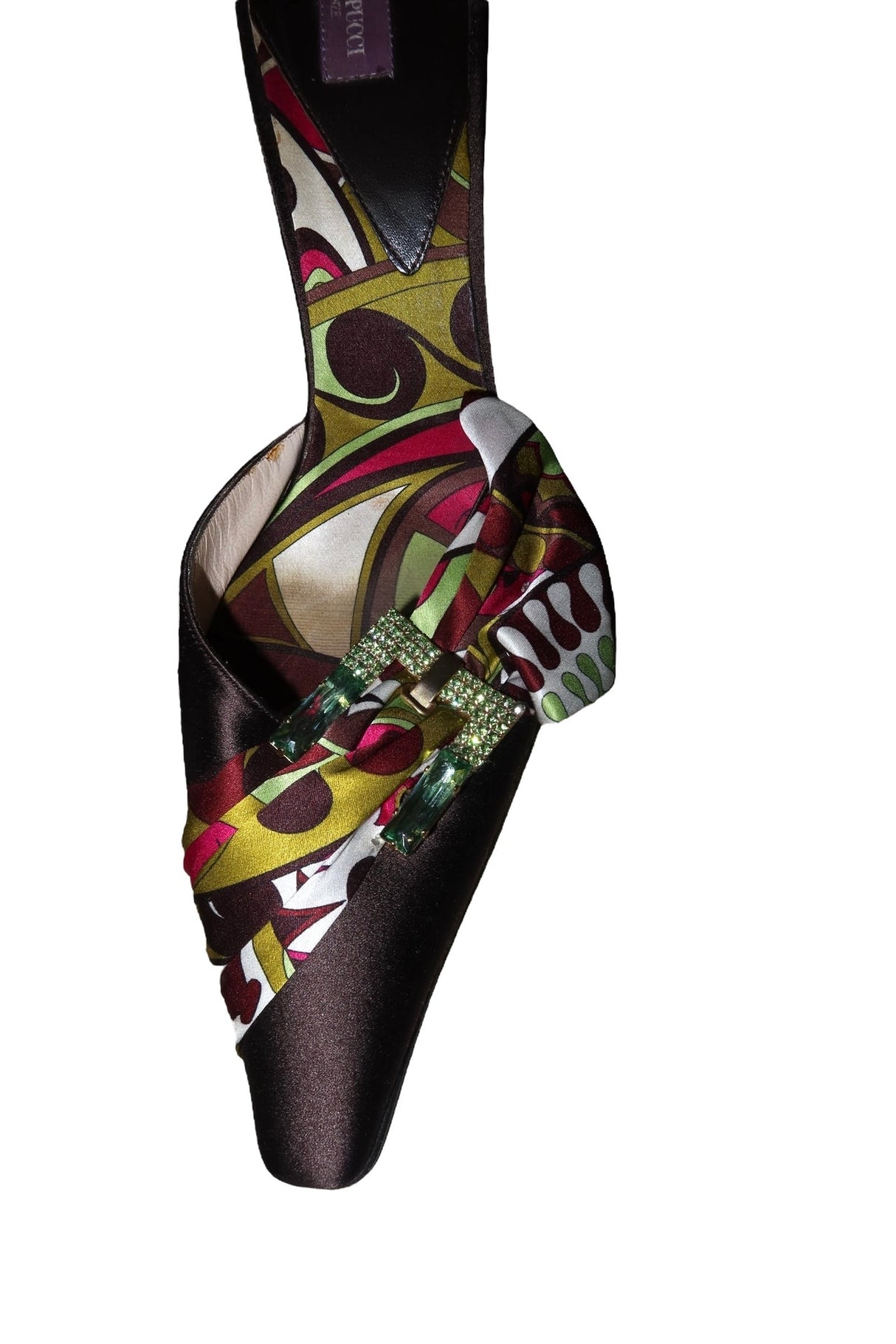 Emilio Pucci brown satin heels with multi color scarf and rhinestone buckle (38)
