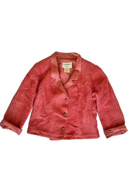 Chanel 1999 pink tweed jacket with iridescent satin neck (40)