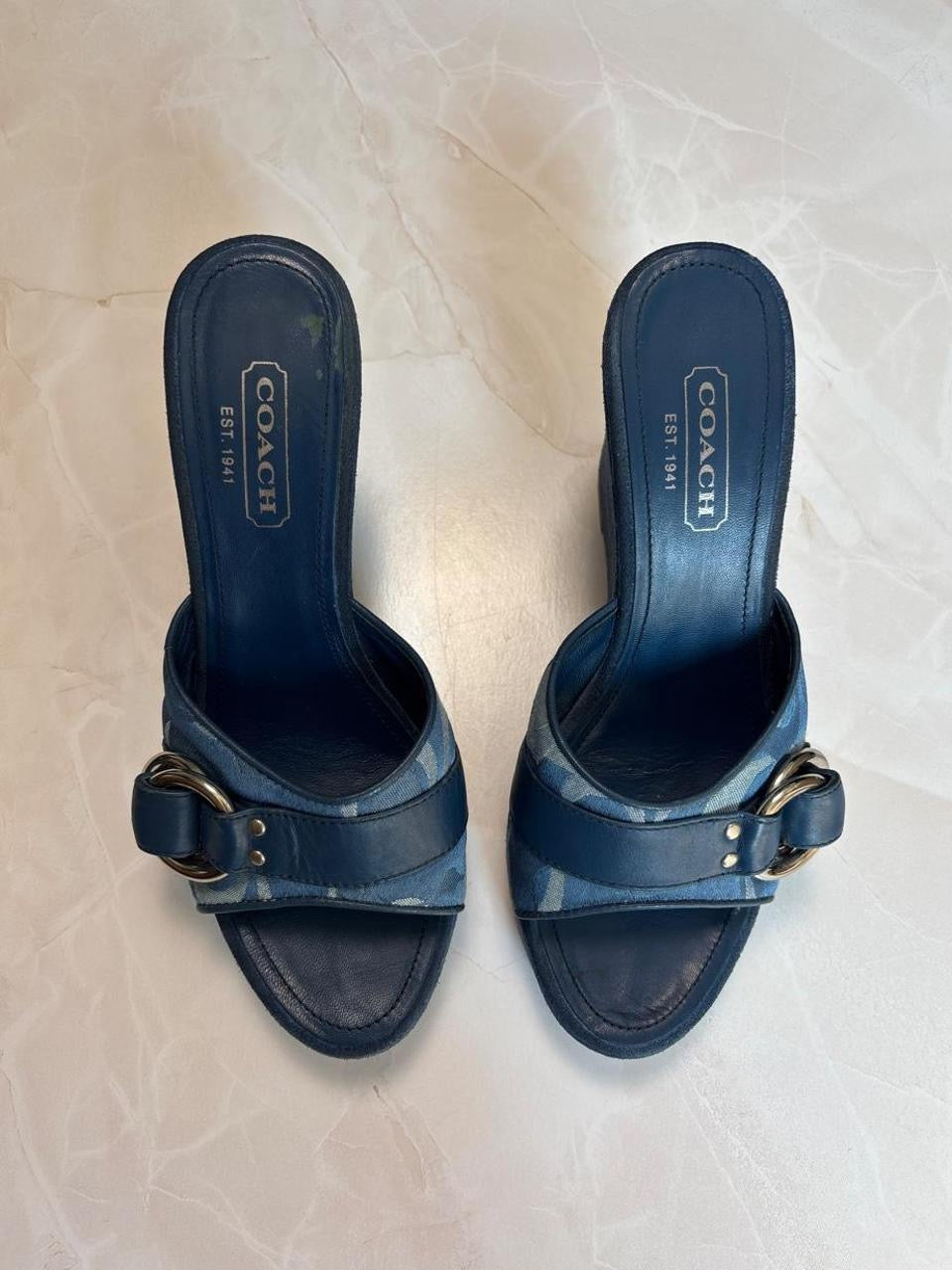 Coach US 6.5 Blue Monogram Canvas Wedge Slide Sandal