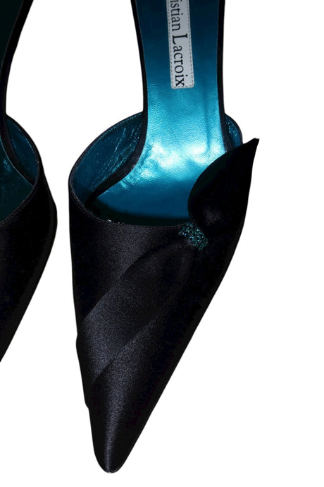 Christian Lacroix black satin heels with bow and blue rhinestone (37)