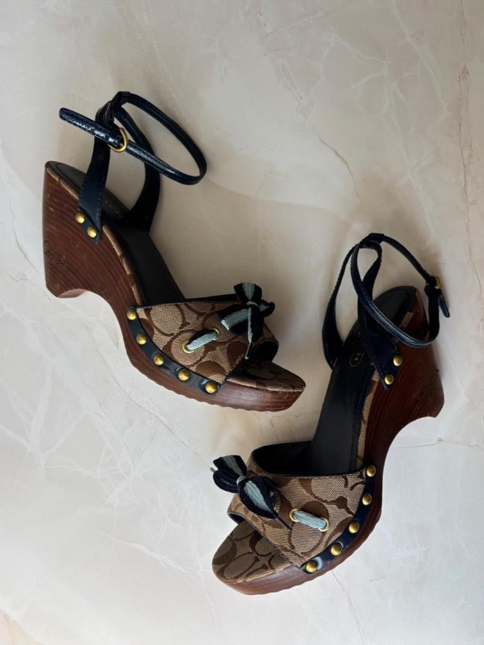 Coach US 9 Tan/brown Monogram C Canvas Open Toe Wooden Wedge