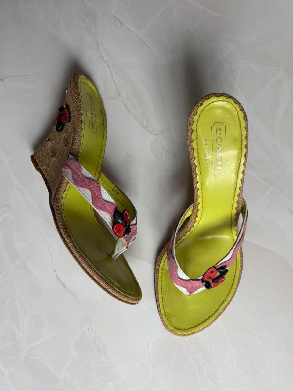 Coach US 8.5 Rare Raffia Ladybug Wedge Sandal