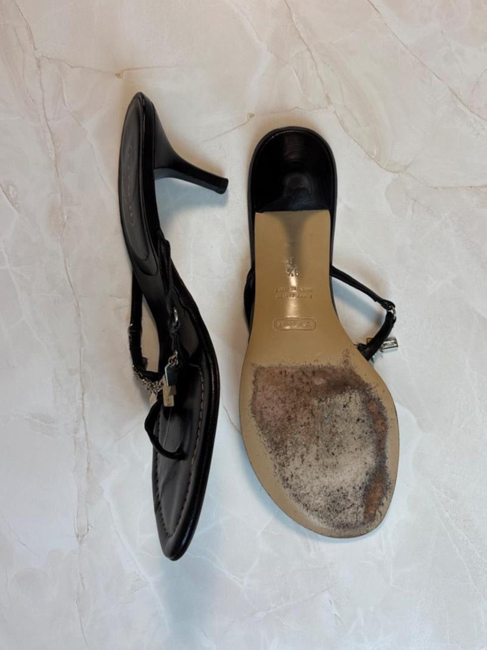 Coach US 9.5 Black Leather Thong Sandal Kitten Heel