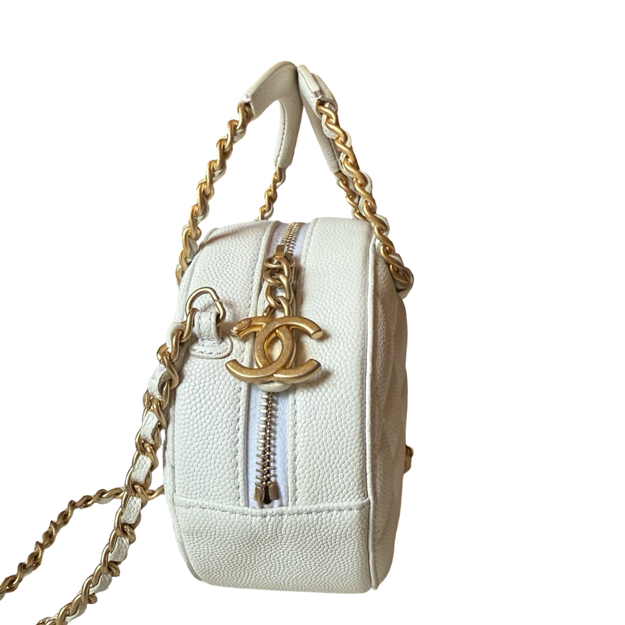 Chanel Authentic Caviar leather white round mini handbag with crossbody chain strap
