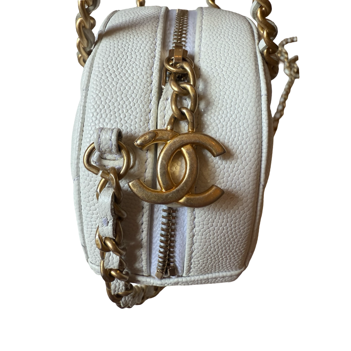 Chanel authentic textured leather white round handbag mini round handles and cross body chain CC zipper tag