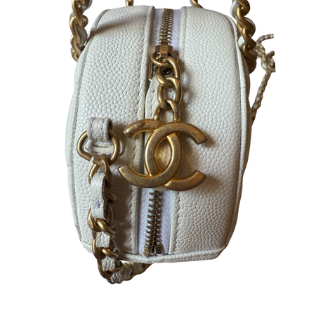 Chanel authentic textured leather white round handbag mini round handles and cross body chain CC zipper tag