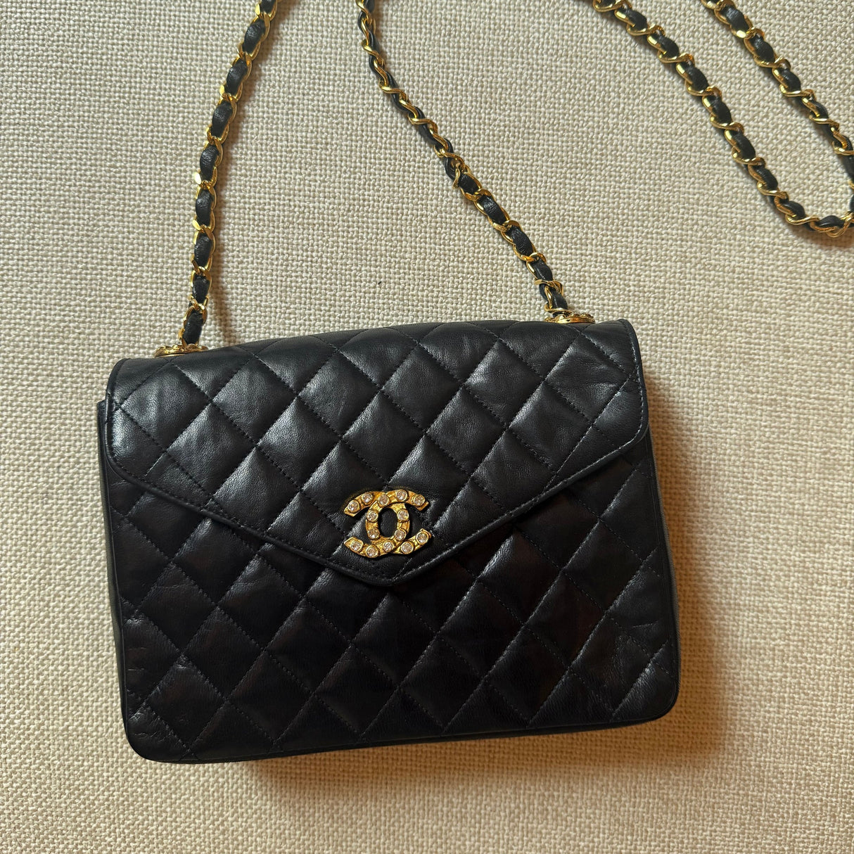 Chanel Vintage Black Lambskin Crystal Classic Flap authentic matelasse quilting jeweled cc gold hardware envelope flap