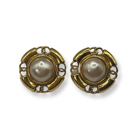 Chanel Vintage Pearl Gold Earrings Round Oversized
