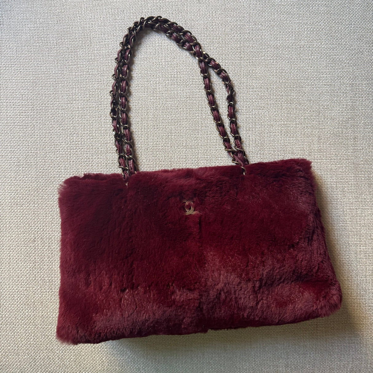 Chanel Vintage Rabbit Fur Tote Oxblood Red authentic 2000s burgundy wine