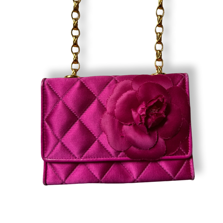 Chanel Vintage Satin Camellia Mini Flap authentic 1990s hot pink color bijoux gold plated chain