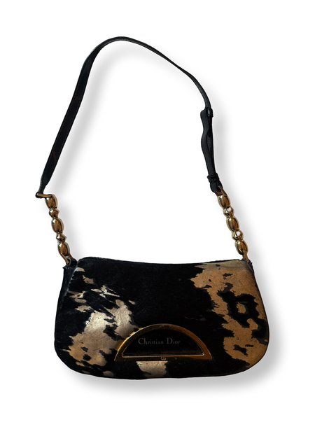 Authentic Christian Dior vintage mini Malice bag John Galliano Era y2k 2000 black ponyhair animal pattern with metallic gold foil