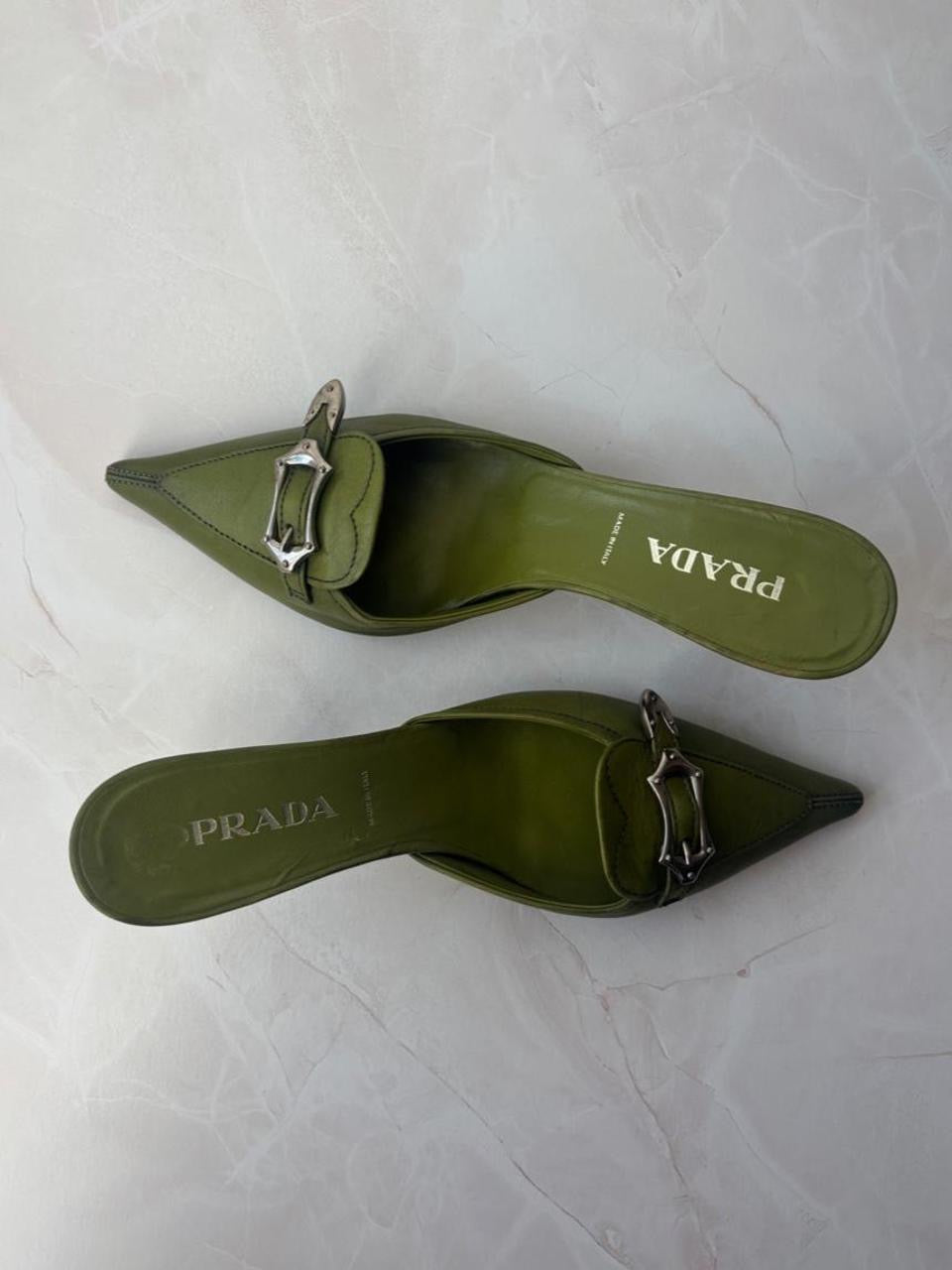 Prada EU 36 Olive Green Leather Pointed-toe Mule