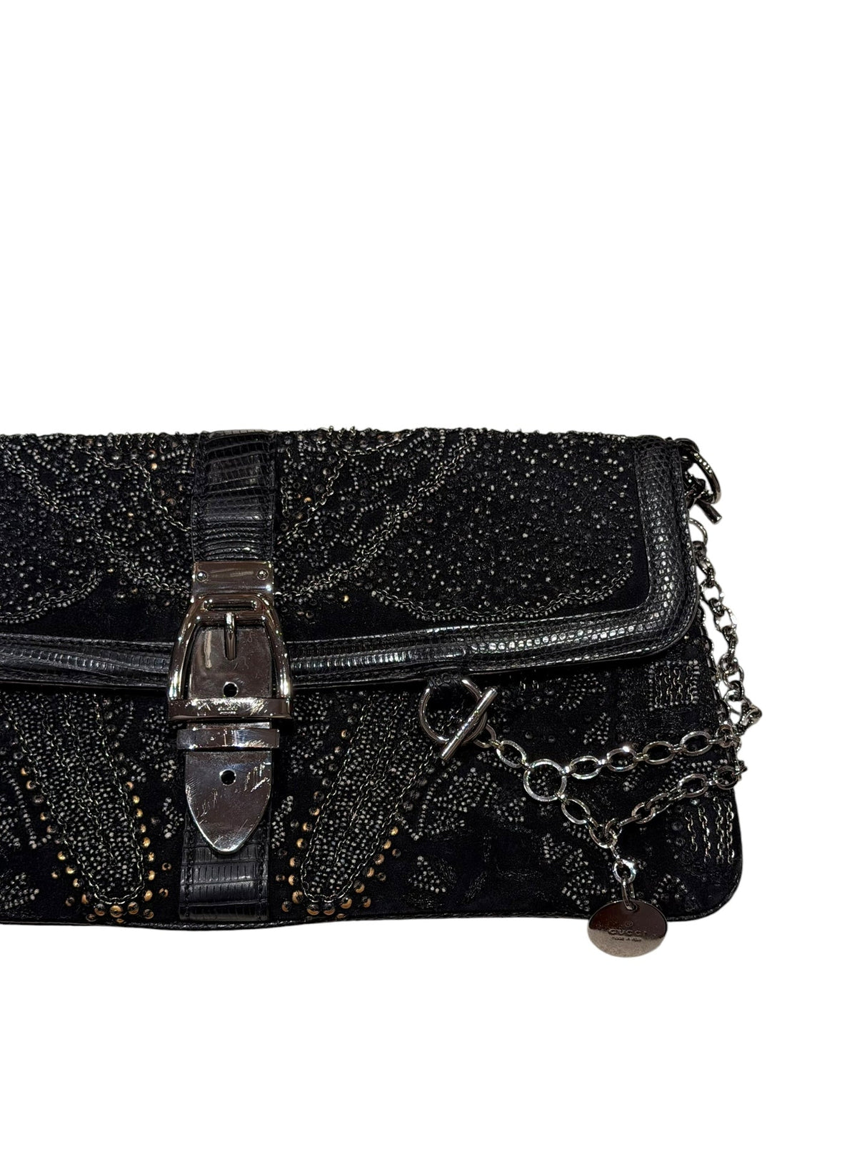 Gucci limited edition black beaded silver belt buckle clutch