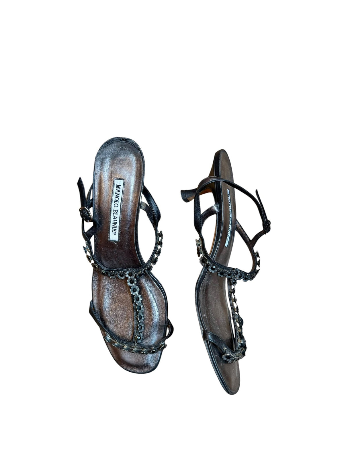 Manolo Blahnik metallic grey and black heels with floral details (39.5)