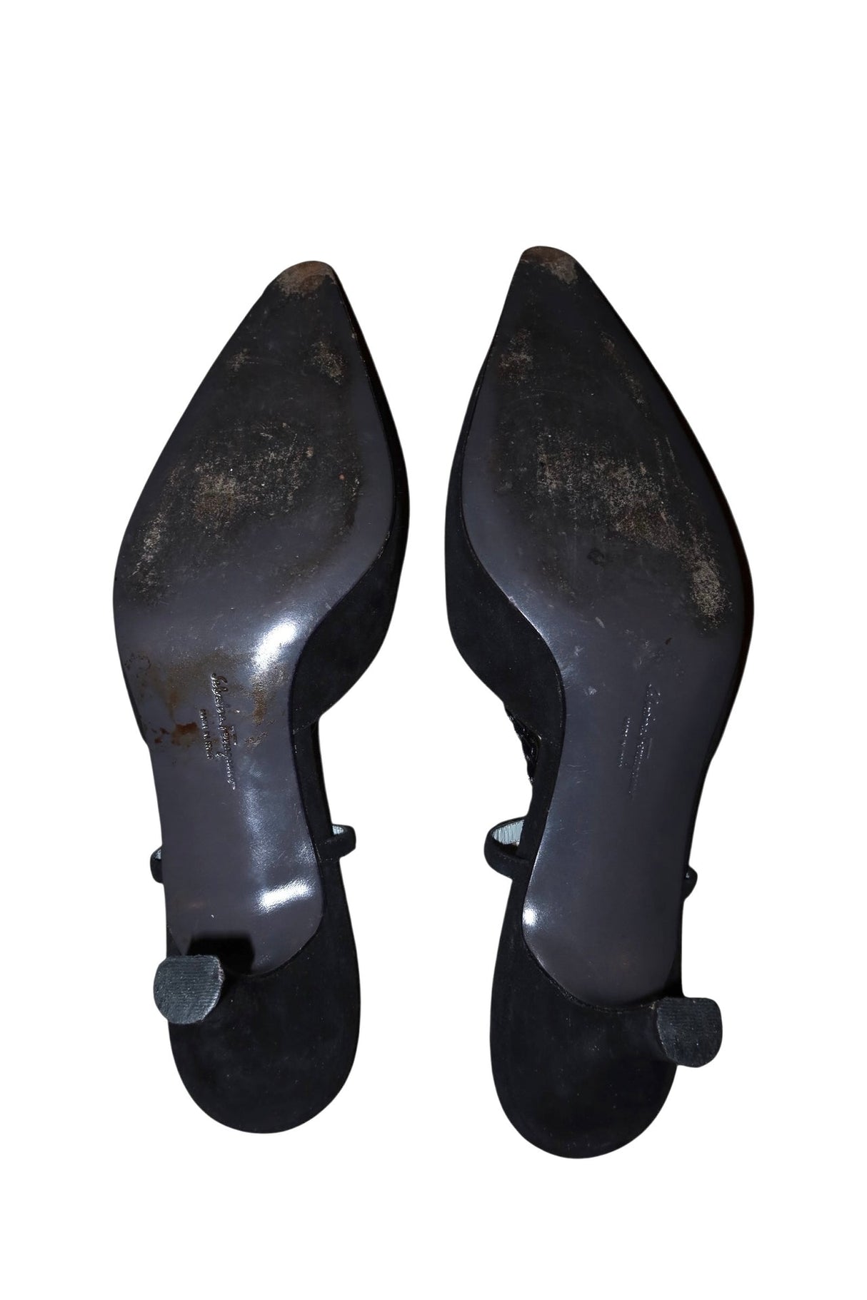 Salvatore Ferragamo black suede heels with braided slingback detail (10)