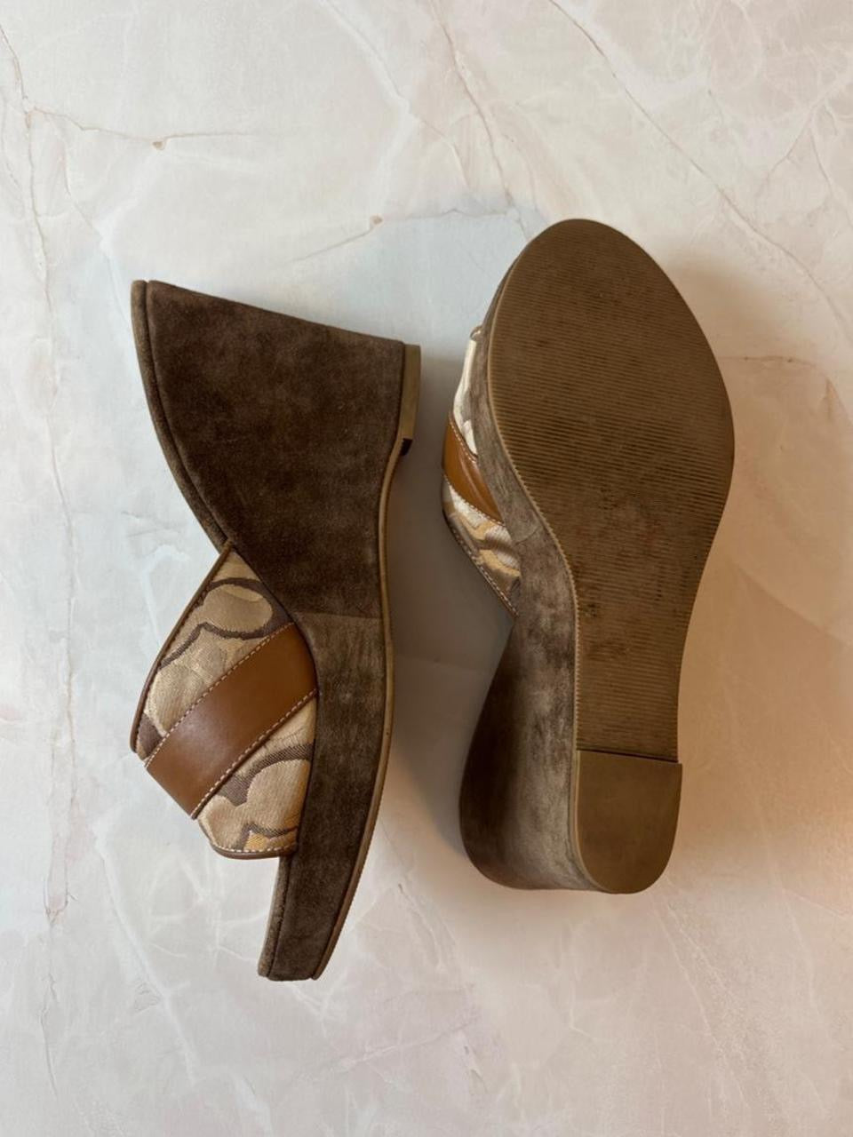 Coach US 7 Tan Monogram Canvas Wedge Mule