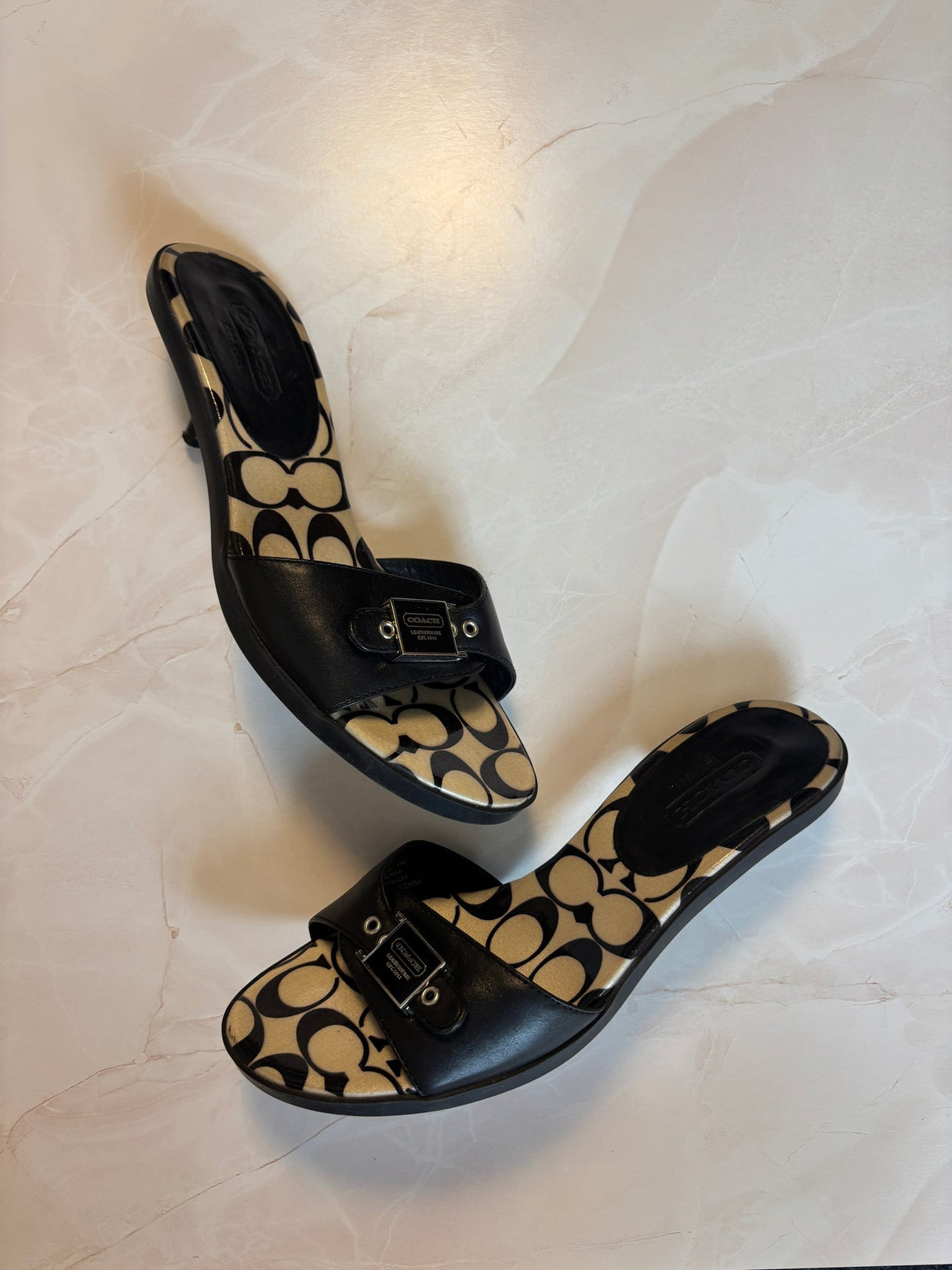 Coach US 9 Black Leather Monogram Canvas Footbed Slide Sandal