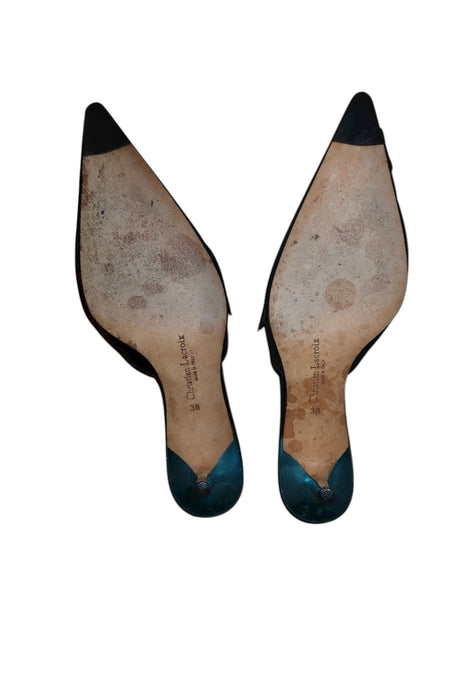 Christian Lacroix black satin heels with bow and blue rhinestone (38)