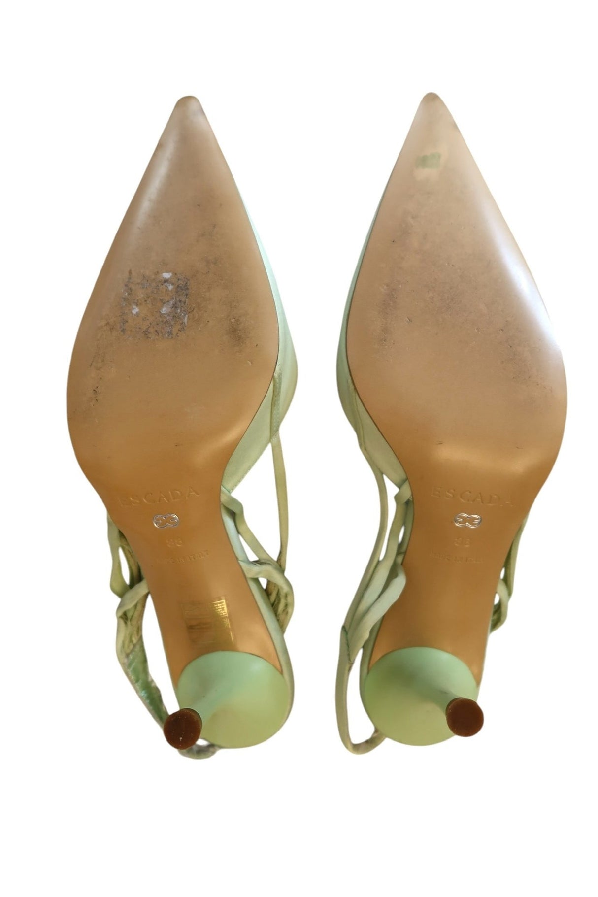Escada mint green satin slingback heels with crystal logo (38)