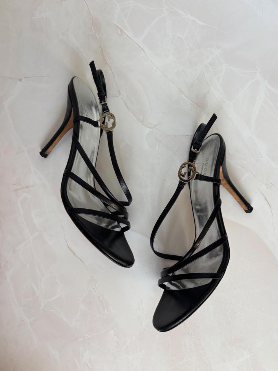 Gucci EU 38.5 Black Leather Strappy Slingback Sandal