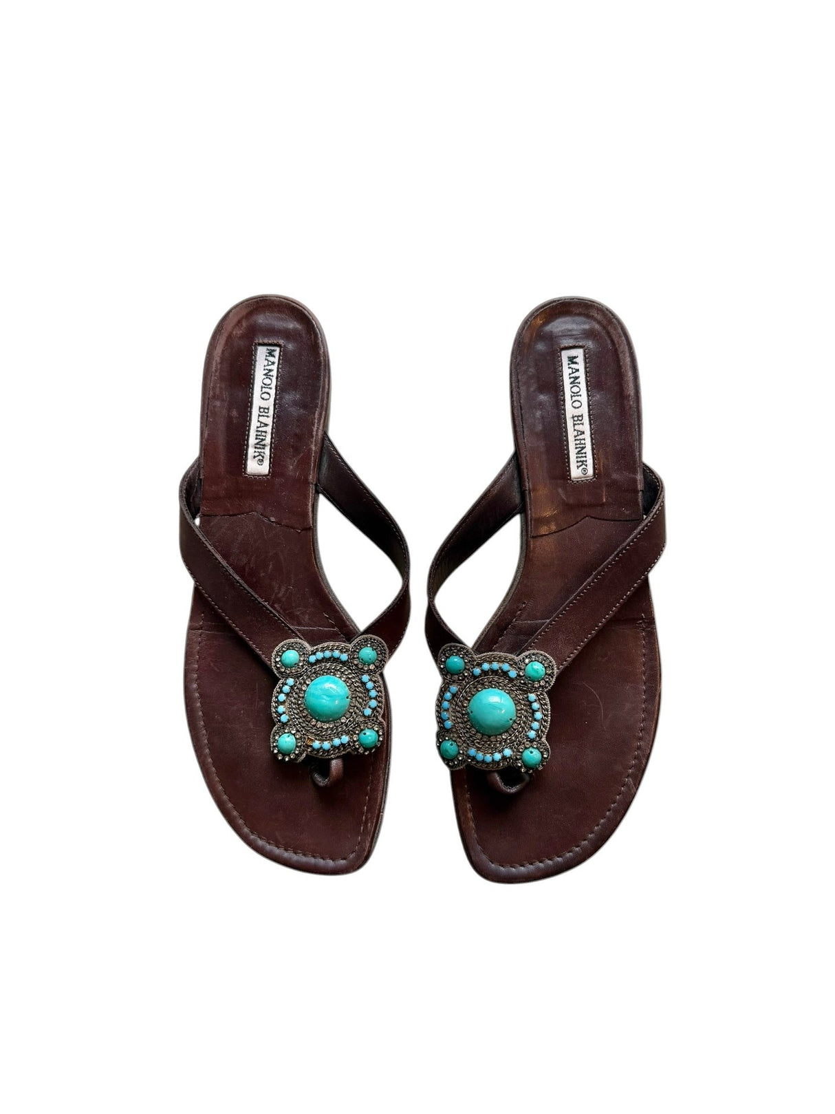 Manolo Blahnik brown sandals with turquoise stone detail (38)