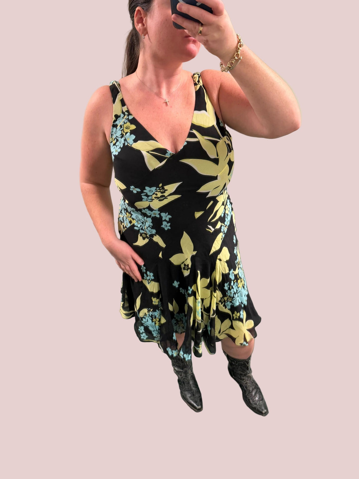 Black silk dress with green and blue flowers - cold water creek - sku tuv #4445