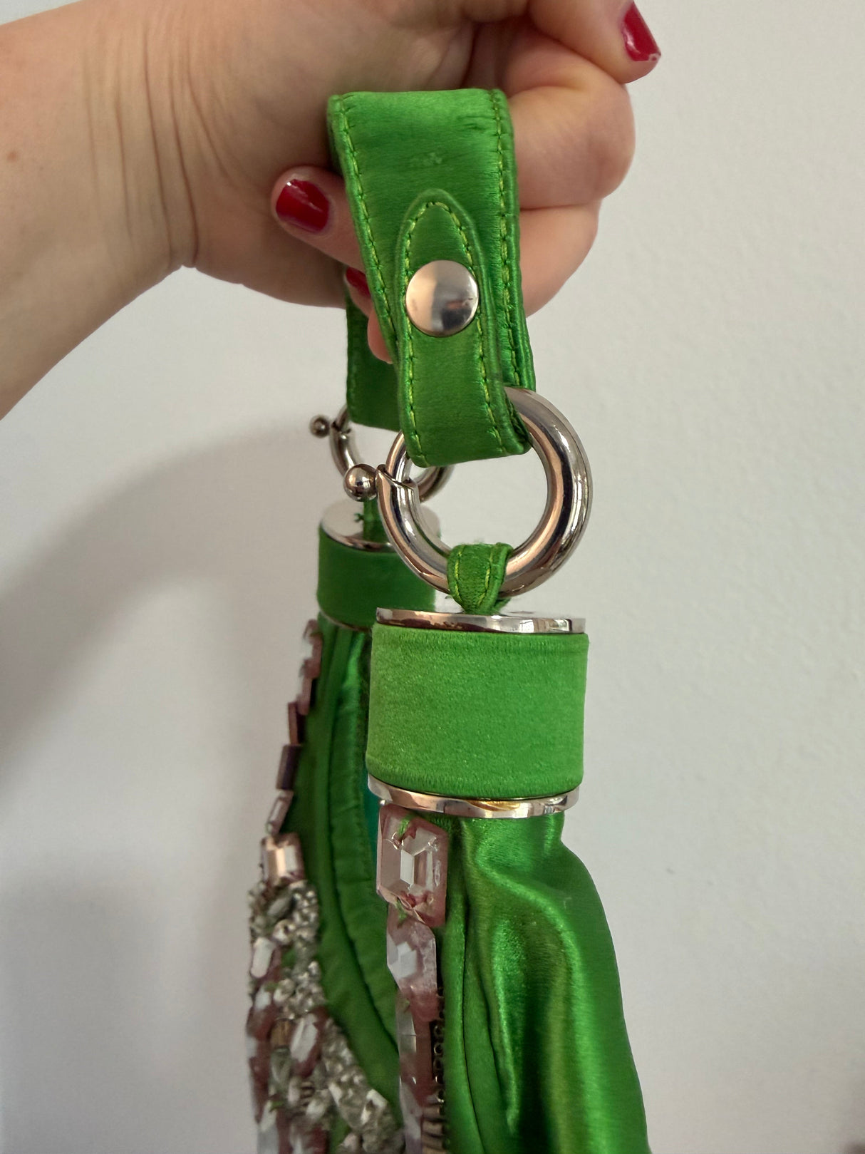 Rare Archival Chloé “Bracelet Bag” in Green Satin with hand stitched crystal beaded details