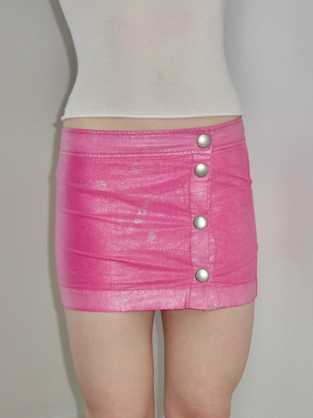 Miss Sixty Pink Waxed Button Mini Skirt