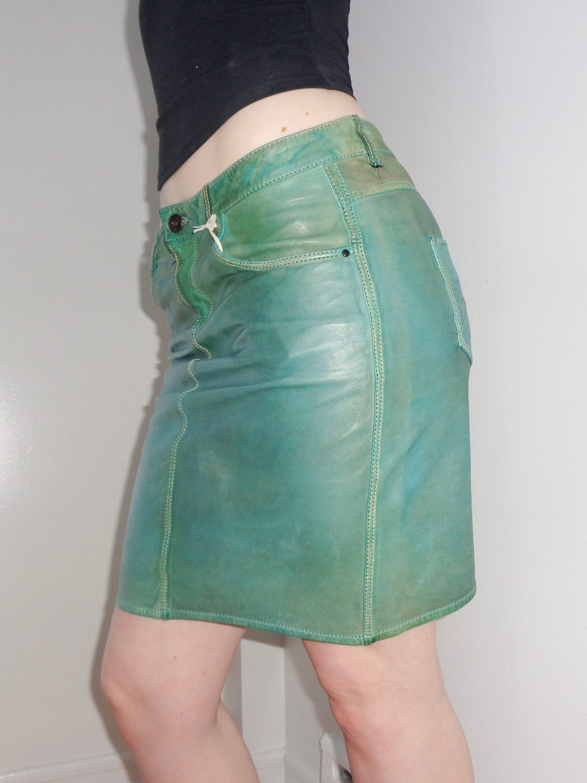 Diesel Deadstock Teal Patinaed Leather Midi Skirt