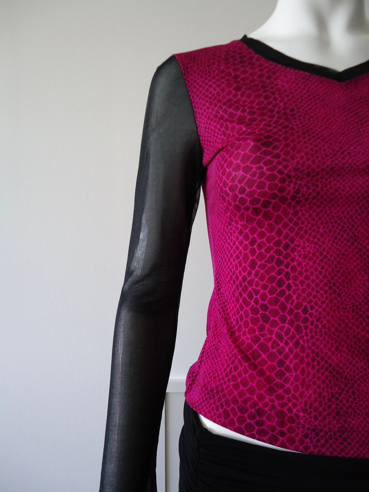 GUESS Pink Snakeskin and Black Mesh Sleeve Top