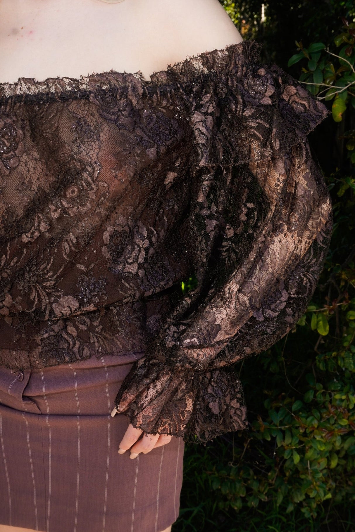 1980's Vicky Tiel Couture Brown Lace Blouse