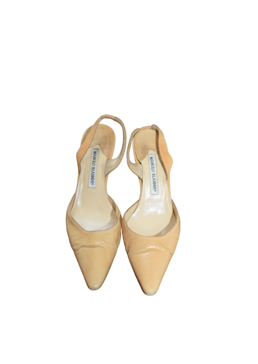 Beige Snakeskin Manolo Blahnick Slingbacks