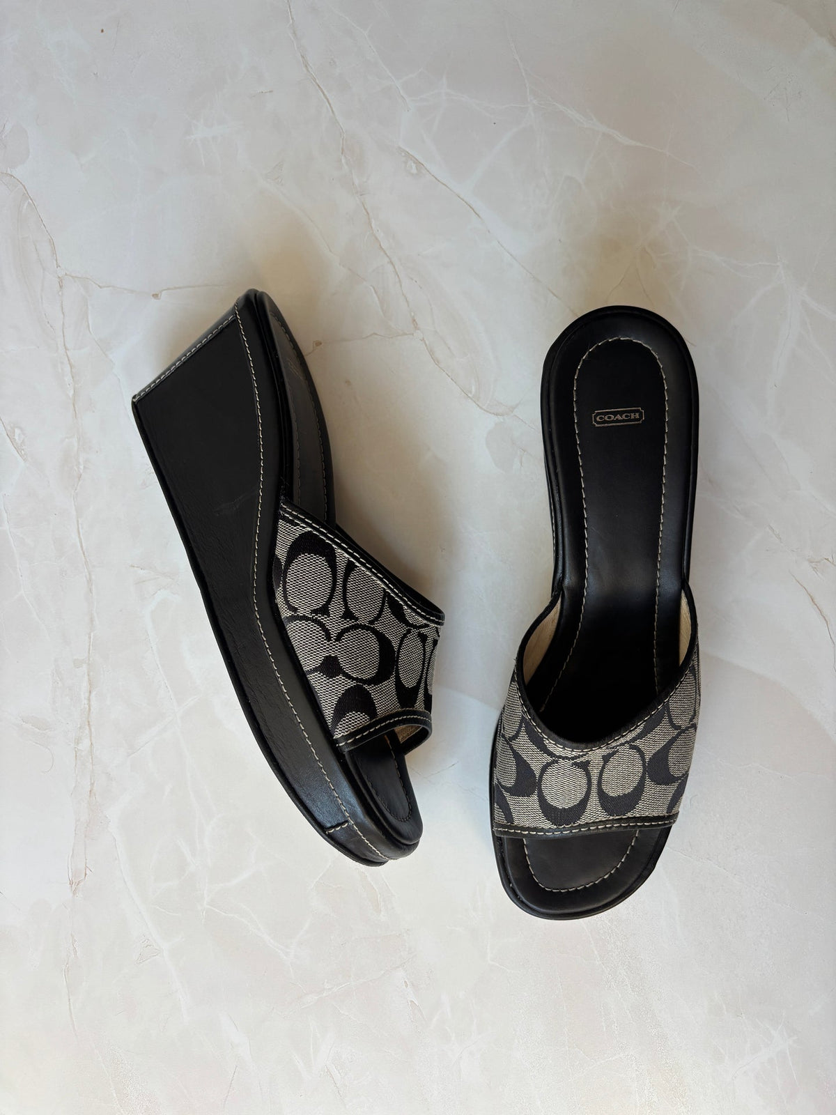 Coach US 10 Black Grey Monogram Canvas Wedge Slide Sandal