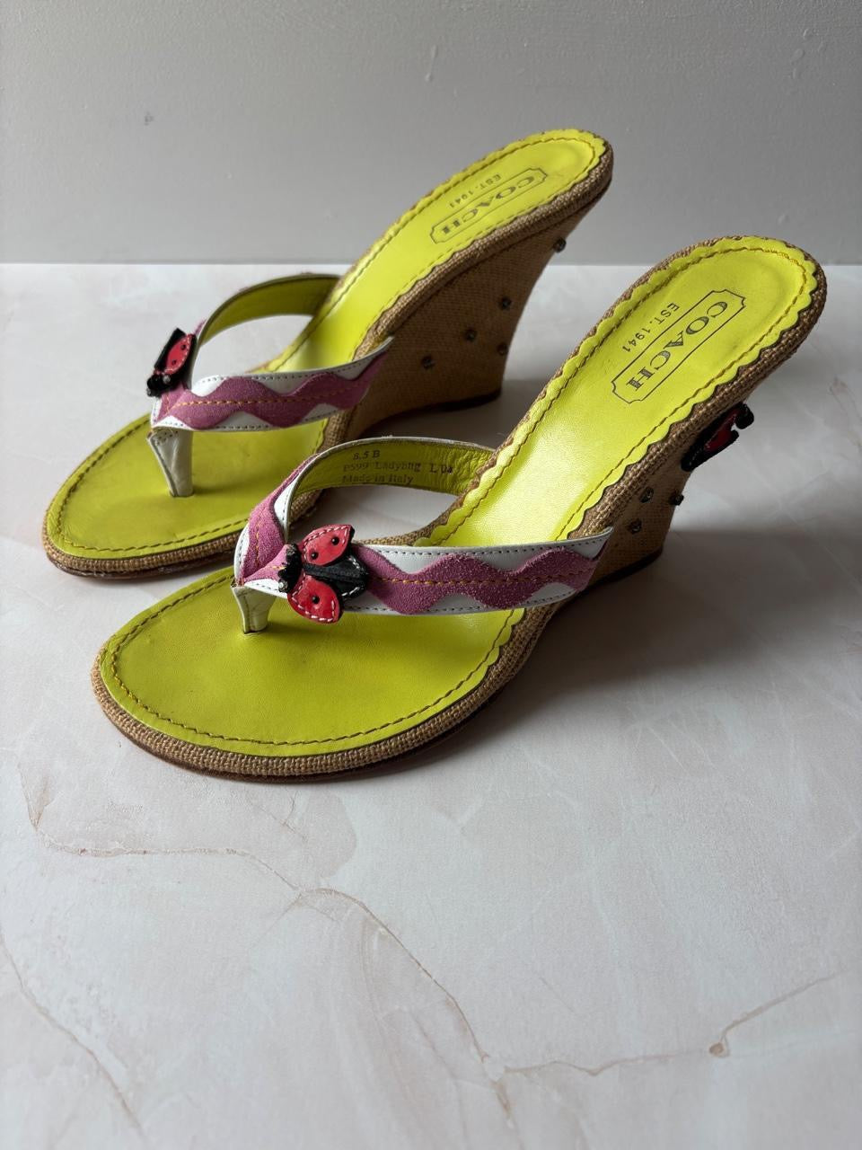 Coach US 8.5 Rare Raffia Ladybug Wedge Sandal