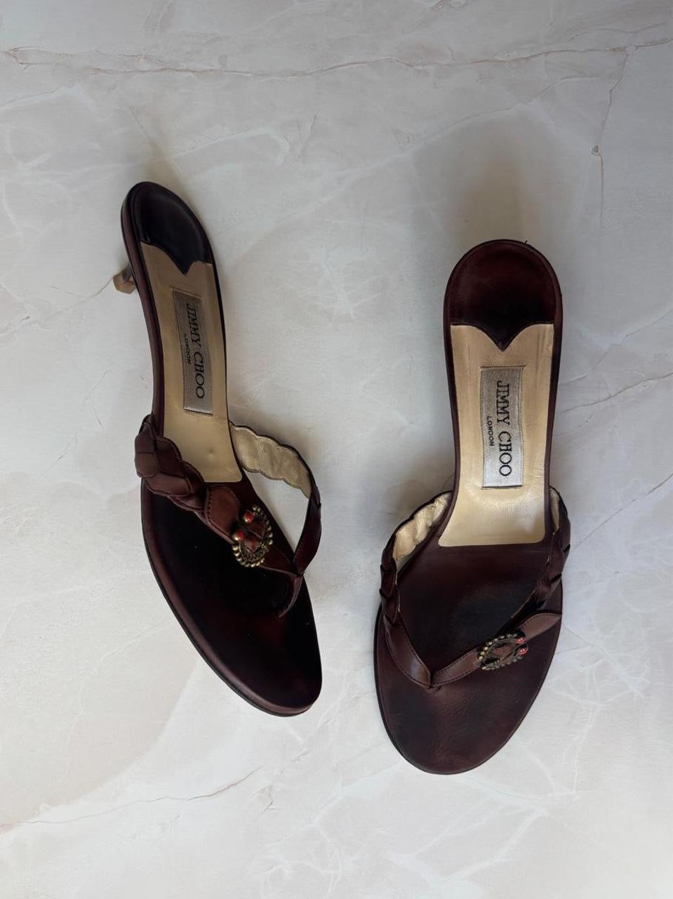 Jimmy Choo EU 39.5 Brown Leather Braided Thong Kitten Heel Sandal