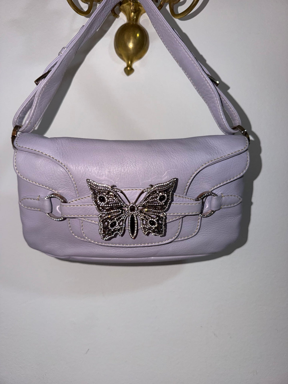 Authentic Vintage Valentino Garavani Spring/Summer 2004 Rhinestone Butterfly Lambskin Leather Shoulder Bag – Pastel Lilac