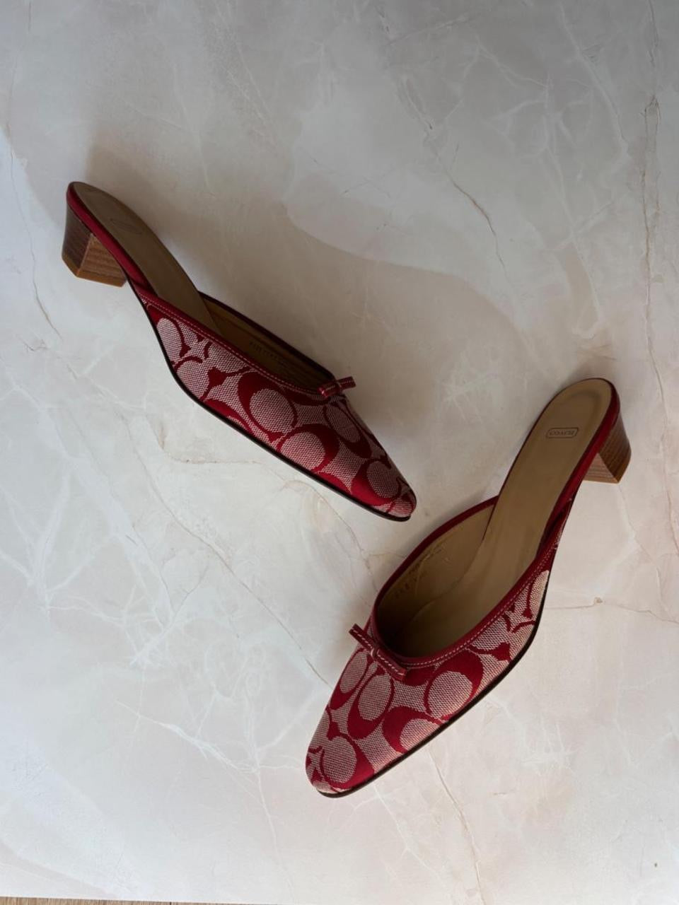 Coach US 8.5 Red and Cream Monogram Canvas Kitten Heel