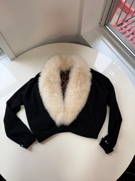 Vintage fox fur black sweater bolero with pearl details on sleeves