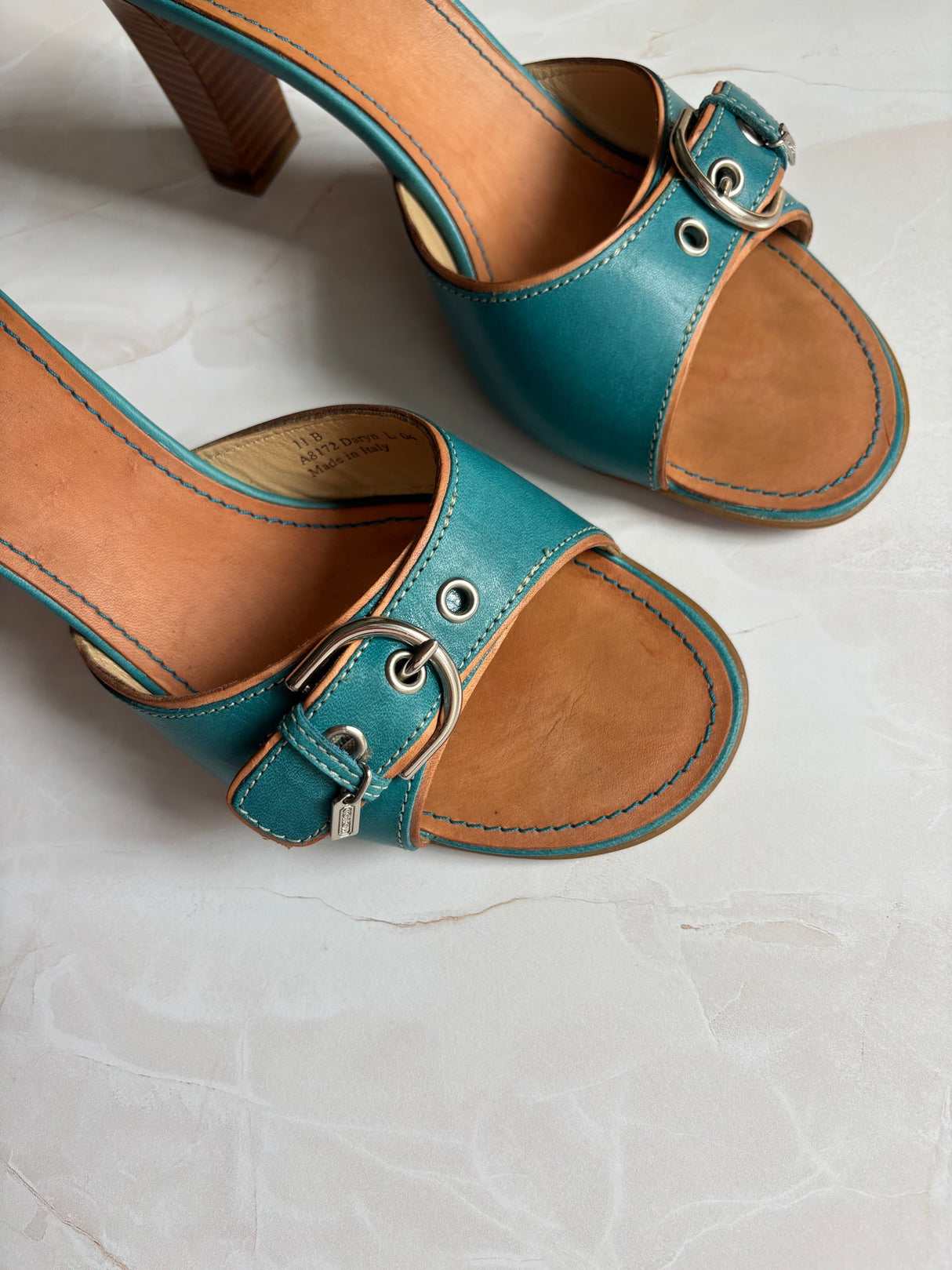Coach US 11 Teal Leather Buckle Slide Sandal