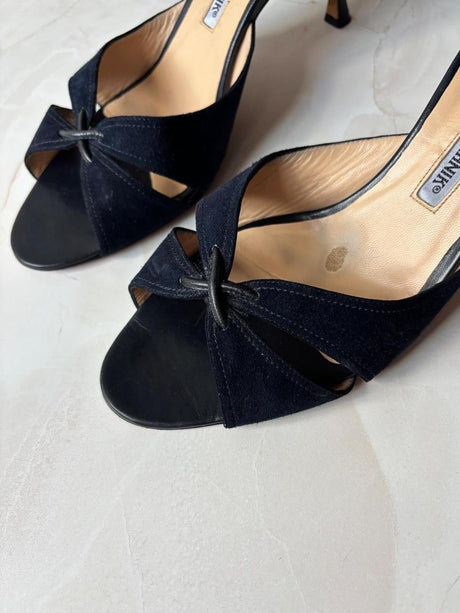 Manolo Blahnik EU 42 Navy Suede Crossover Open Toe Kitten Heel Mule