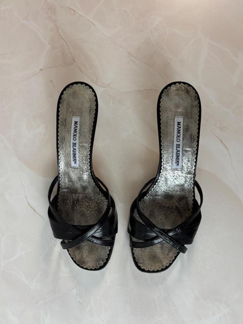 Manolo Blahnik EU 37.5 Black Leather Crossover Strap Open Toe Kitten Heel Mule