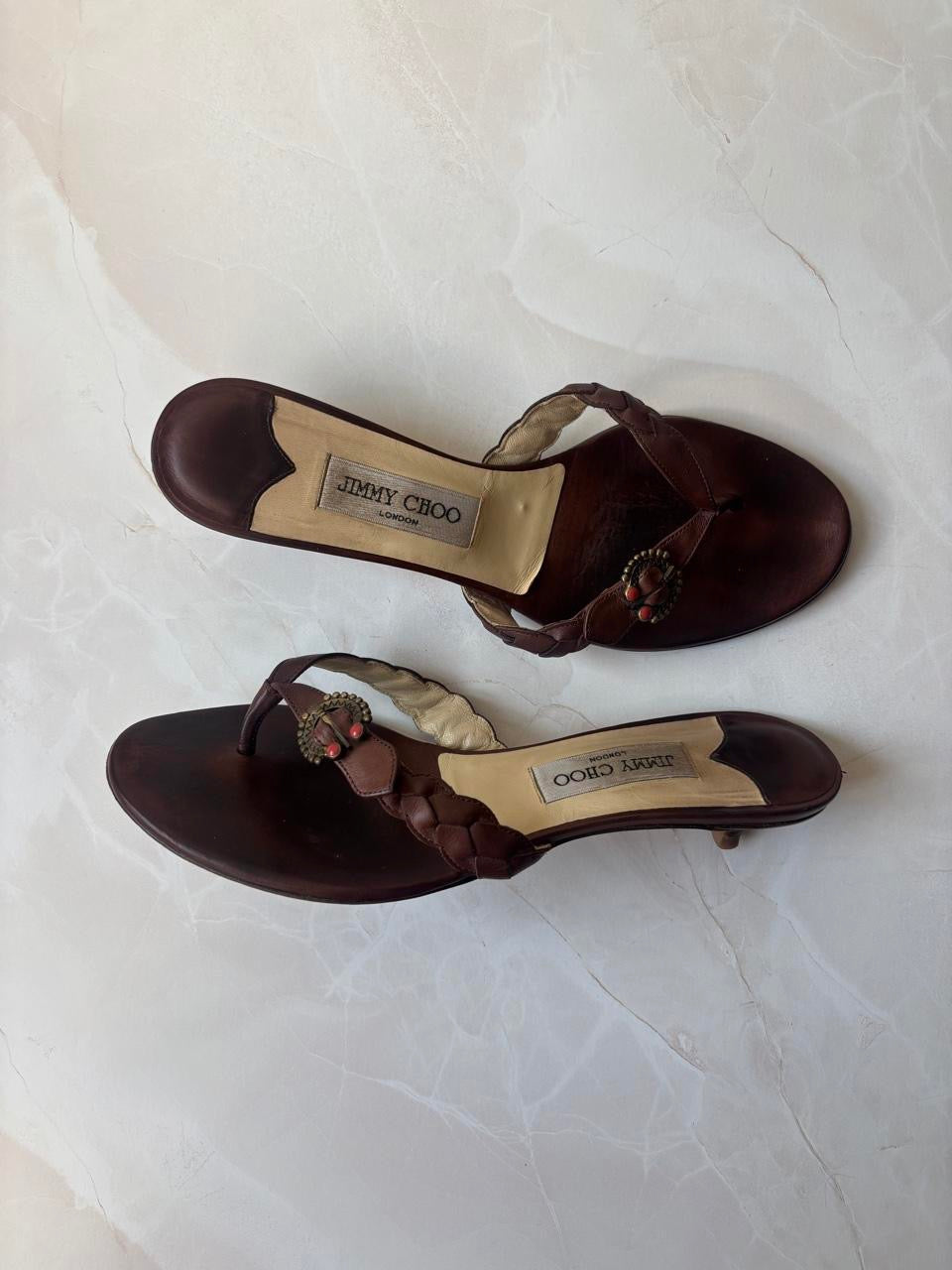 Jimmy Choo EU 39.5 Brown Leather Braided Thong Kitten Heel Sandal