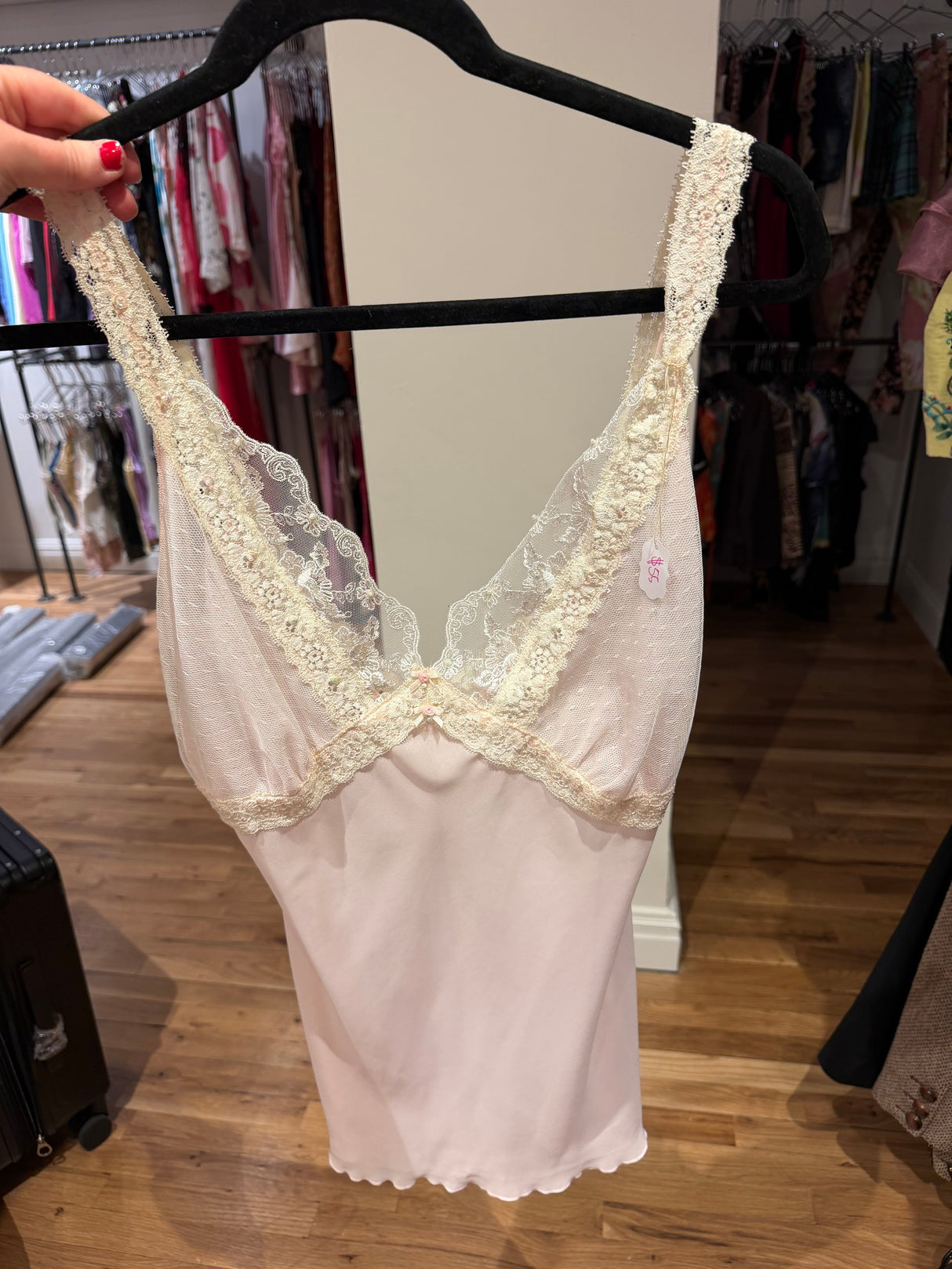 Pink lace camisole with white detail and rose at center - sku tuv #161