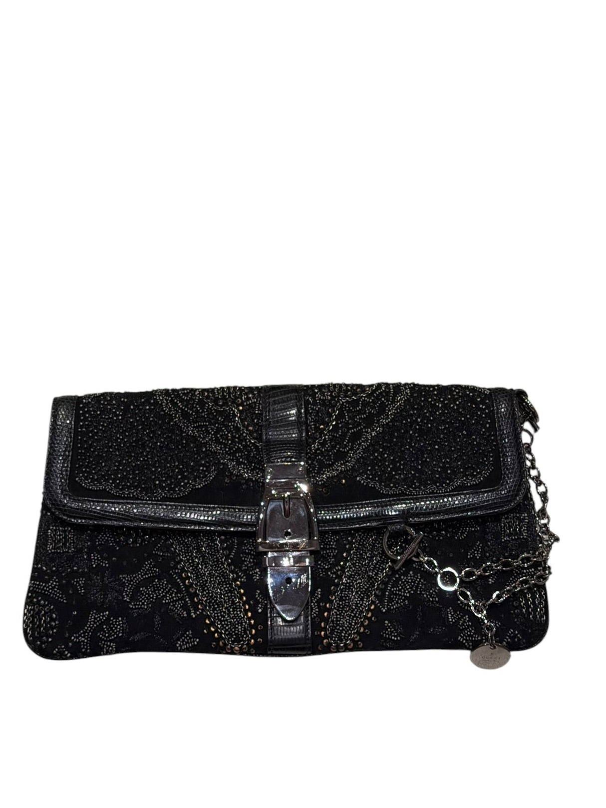Gucci limited edition black beaded silver belt buckle clutch