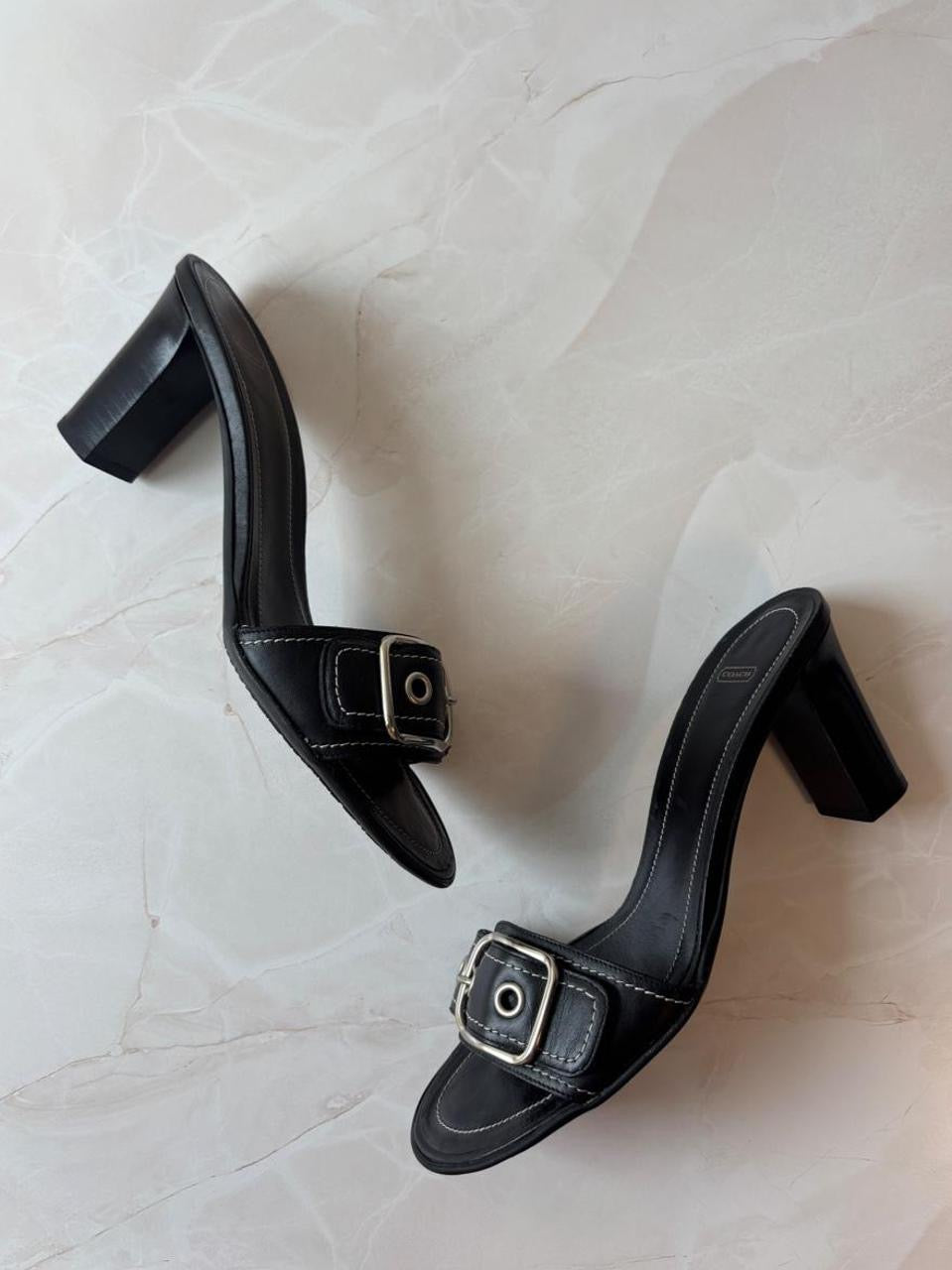 Coach US 8 Black Leather Open Toe Block Heel Mule