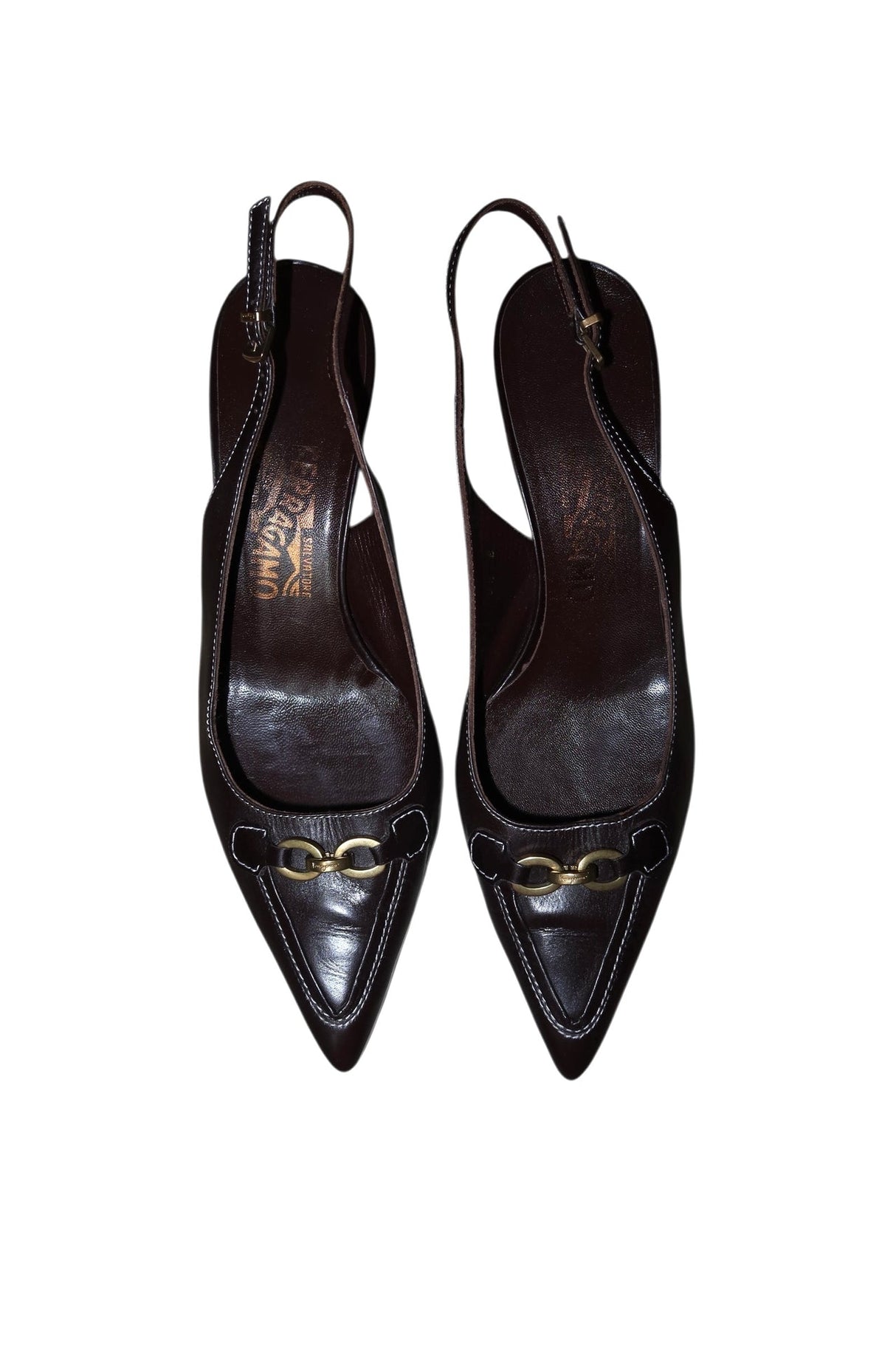 Salvatore Ferragamo brown slingback heels with gold accents (8.5B)